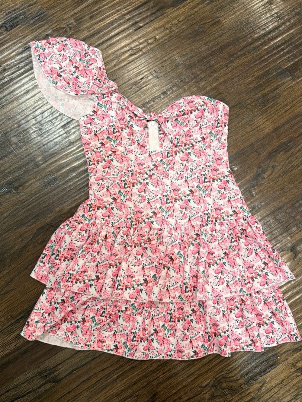 One-Shoulder Pink Floral Ruffle Dress